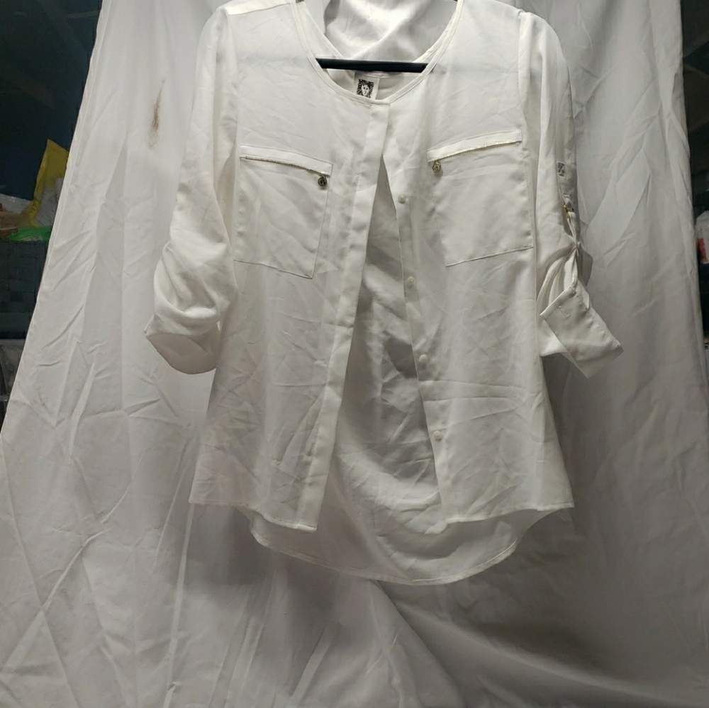 Anne Klein White 3/4 Sleeve Blouse with Mandarin Collar